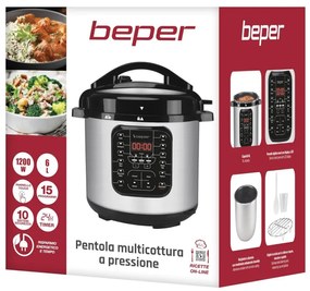 Мултикукър под налягане Beper P101COS001, 1200W, 15 програми, 6 литра, Таймер, Инокс/черен