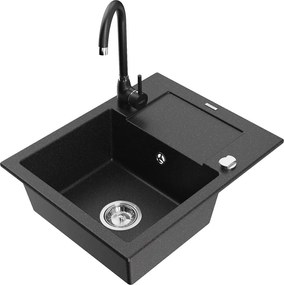 Mexen Enzo гранитна мивка с 1 корито с отцедник и кухненски смесител Telma, черно/сребърно - 6506-73-670200-70