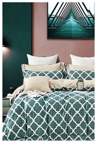 Зелено и бежово удължено памучно спално бельо от четири части за двойно легло с чаршаф 200x220 cm Geometric - Mila Home