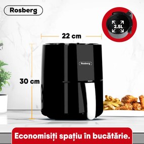 Фритюрник AirFryer Rosberg R51980Y, 1200 W, 2.5 л, Горещ въздух, Таймер, До 200C, Черен