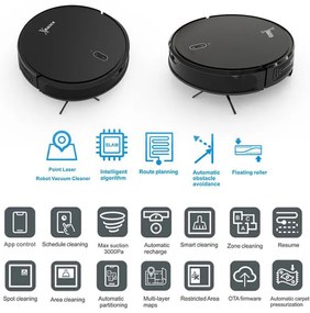 Прахосмукачка робот MAGNUM X, 40 W, 3000 Pa, Сухо и мокро почистване, 3-степенна филтрация, Wi-Fi, Функция График, Черен