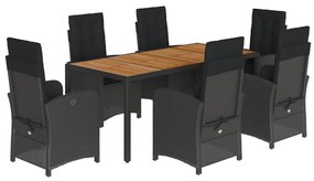 3212236 vidaXL Градински трапезен комплект 7 части възглавници черен полиратан