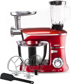 Кухненски робот 3в1 ZEPHYR ZP 1115 QBM, 1900W, 6.5 литра, Блендер, Миксер, Месомелачка, Червен
