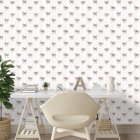 Самозалепващ тапет – Розови панделки на бял фон