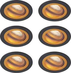 Комплект от 6 модерни вградени спота черни със злато, въртящи се и накланящи се IP44 - Chuck