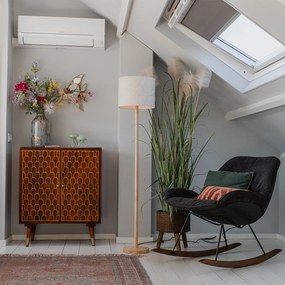 Ръстикална подова лампа дърво с ленен абажур бежов 32 см - Mels