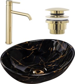 Комплект Умивалник за плот Sofia marble black + Смесител за баня Lungo gold + Изпускателен клапан gold