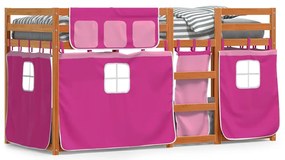 3283951 vidaXL Двуетажно легло със завеси розово 90x190 см масивен бор масив