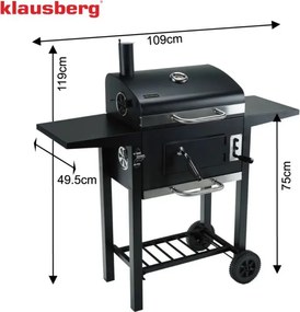 Барбекю на дървени въглища Klausberg KB 9034, Комин, Регулируема вентилация, Чекмедже за пепел, Термометър, Колелца, Стомана, Черен