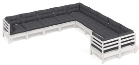 3097008 vidaXL Градински лаундж комплект с възглавници, 10 части, бял, бор