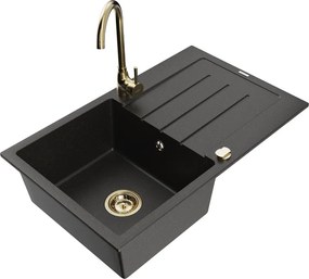 Mexen Bruno гранитна мивка с една камера с отцедник и кухненски смесител Telma, черно/златно - 6513-75-670200-50