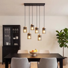 Модерен висящ лампион черен с дърво и матово сиво стъкло 6-лампи - Umbra
