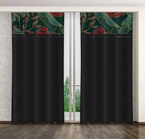 Класическа черна завеса с принт на листа в зелено и бордо Ширина: 160 см | Дължина: 250 см