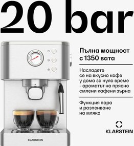 Klarstein SteelPresso кафемашина с портафилтър, Компактен, 20 bar, Машина за пара, Нагреваема плоча