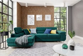 Зелен кадифен разтегателен ъглов диван с място за съхранение (ляв ъгъл L форма) Anton – ELTAP