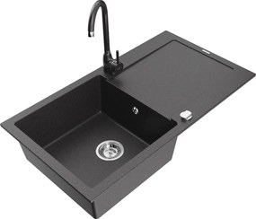 Mexen Leo еднокамерен гранитен мивка с отцедник и кухненски смесител Telma, черен петнист - 6501-76-670200-76