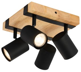 Интелигентен таванен прожектор черен с дърво 4 светлини регулируем вкл. Wifi GU10 50mm - Jeana