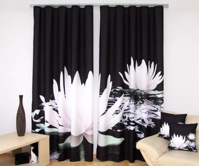 Красива черна 3D завеса за дневна с бели водни лилии Ширина: 160 см | Дължина: 250 см (в комплекта има 2 броя)