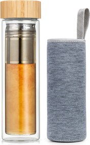 Klarstein Бутилка за чай, с капачка и цедка, 500 мл, двойно стъкло, бамбуков капак
