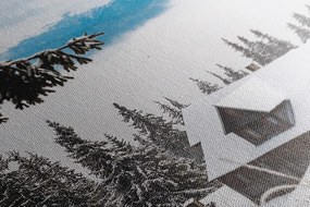 Картина на платно – Дървена къщичка край заснежени борове