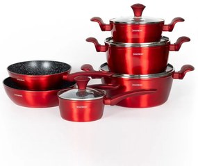 Комплект тенджери и тигани Royalty Line FD10, 10 части, Лят алуминий, Greblon мраморно покритие, Индукция, Червен