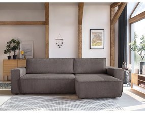 Кафяво-сив сгъваем/с място за съхранение ъглов диван от рипсено кадифе Nihad – Bobochic Paris