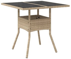 365523 vidaXL Градинска маса със стъклен плот бежова 80x80x75 см полиратан