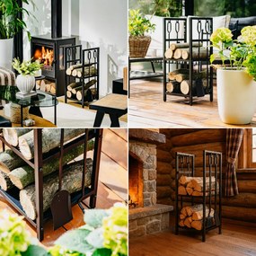 Стойка за дърва за огрев с инструменти Adler AD 6815, До 80 кг, Два рафта, Стоманена конструкция, Черен