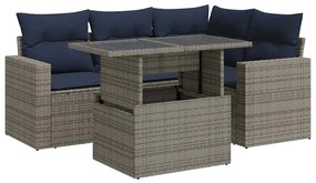 3326312 vidaXL Градински диван с възглавници, 5 части, сив полиратан акация