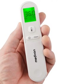 Безконтактен термометър Medivon Timi Smart Verona, Инфрачервен, За деца, Измерване за 1 секунда, Памет, Цветова индикация, LCD, Звук, Лазер, Бял