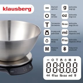 Кухненска везна с купа Klausberg KB 7939, 5 Kg, Bluetooth, Мобилно приложение, LED, ТАРА, Течности, 4 хранителни стойности, Инокс
