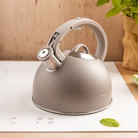 Свирещ чайник Klausberg KB 7912, 2.5 л, Дръжка с дървесен ефект, Индукция, Светлосив