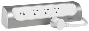 Legrand 049406 - Удължител с 3 гнезда, щепсел тип E + USB-A и USB-C, 1 м, сребрист/бял