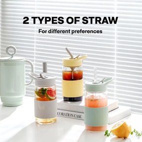 Преносима бутилка за напитки Buydeem CD1017-CG, 500 мл, Вградена сламка, Непропусклива, Термоустойчиво стъкло до 150°C, BPA free, Зелен