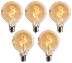 Комплект от 5 E27 димируеми LED крушки G95 със спираловидна нажежаема жичка, златни, 4W 270LM 2100K