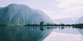 Картина на платно – Рисувани планини край езеро