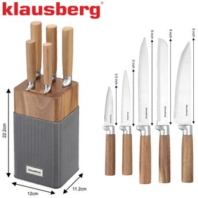 Комплект ножове Klausberg KB 7983, 6 части, Неръждаема стомана, Стойка от акациево дърво, Кафяв/графит