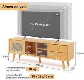 Бамбукова ТВ стойка за телевизори до 65&quot; 140 x 31 x 45,5