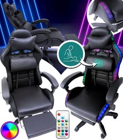 LED геймърски стол със сгъваема поставка за крака и функция за масаж - черен