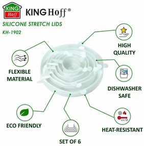 Комплект 6 бр. силиконови капаци Kinghoff KH 1902, -40 до 230°C, Плътно и херметично прилепване, Многократна употреба, Универсални, Прозрачен