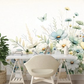 Тапет – Пастелни полски цветя и летящи пеперуди