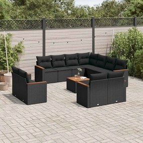 3258905 vidaXL Градински диван с възглавници, 12 части, черен, полиратан