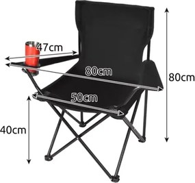 Сгъваем риболовен стол с подлакътници и поставка за напитки - черен