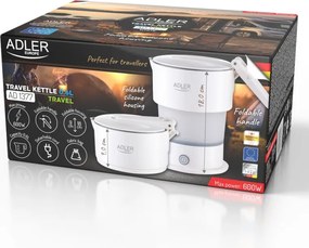 Туристическа ел.кана Adler AD 1377, 600W, 0.6 л, Сгъваем силиконов корпус, Защита от прегряване, Светлинен индикатор, Бял