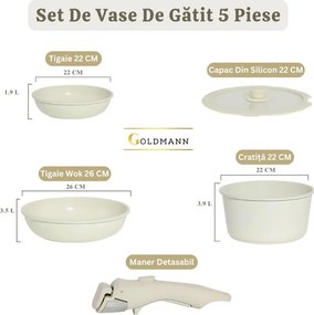 Комплект тенджера и тигани Goldmann GM-1005, 5 части, Универсална дръжка, Индукция, Мраморно покритие, Бежов