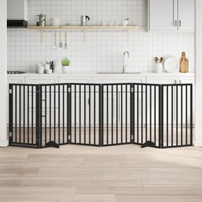 Сгъваема преграда за куче с врата 6 панела черна 300 см топола