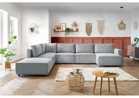 Светлосив велурен U-образен ъглов диван, ляв ъгъл Nihad modular - Bobochic Paris