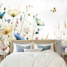 Тапет – Пастелни цветя и летящи пеперуди