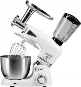 Кухненски робот със стоманена купа Hausberg HB-7605AB, 1000W, 5 л, 6 скорости, LED, Блендер, Миксер, Месомелачка, Бял