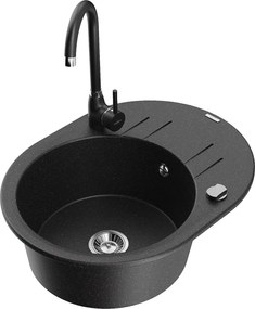 Mexen Kevin гранитна мивка с 1 отделение и отцедник и кухненски смесител Telma, черен/сребрист металик - 6517-73-670200-70